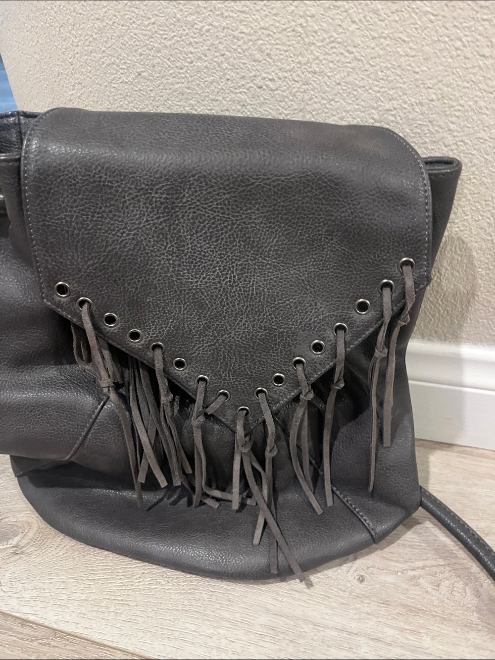 Street Level Dark Gray Fringe Flap Crossbody